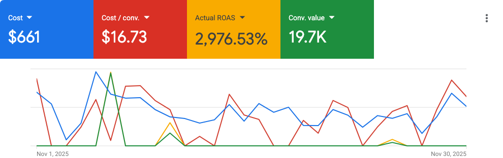 B2B wholesale, Europe — Google Ads export, 1 – 30 November 2025. 2,976.53% ROAS · 19.7K value from $661 at $16.73 per conversion.